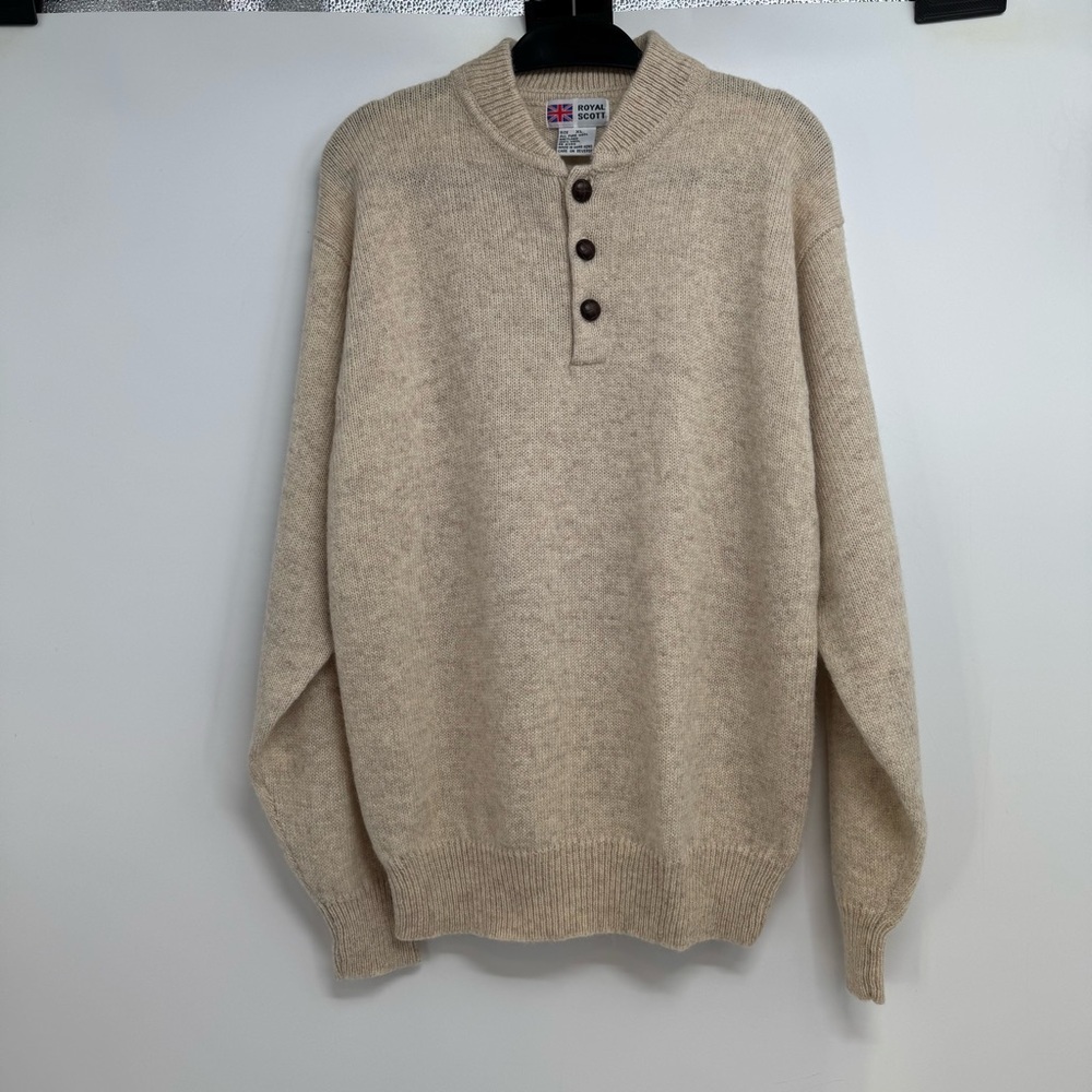 NWT Vintage royal scott beige Shetland wool 1/4 button up pullover sweater XL